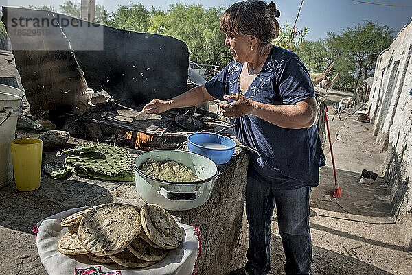 Frau  Mitglied einer landwirtschaftlichen Frauengruppe  backt Fladenbrot im Ejido Hidalgo  in der Nähe von Matehuala  Mexiko; Ejido Hidalgo  San Luis  Mexiko