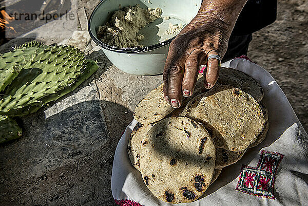 Frau bereitet frisches Fladenbrot zu; Ejido Hidalgo  San Luis  Mexiko