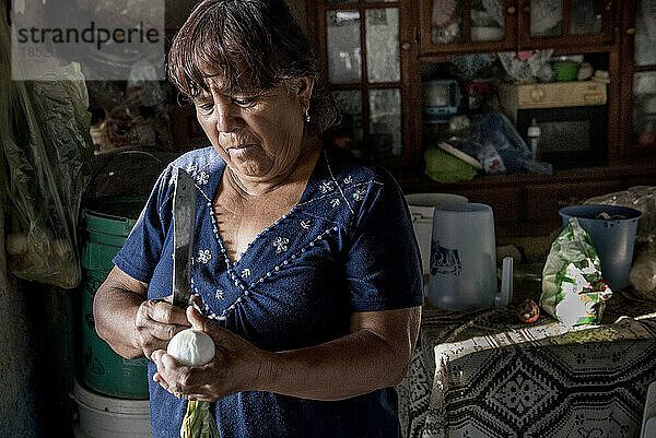 Frau beim Formen von Teig in ihrem Haus; Ejido Hidalgo  San Luis  Mexiko