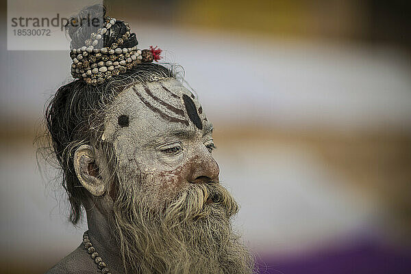 Sadhu mit einem mit Asche bemalten Gesicht; Varanasi  Indien