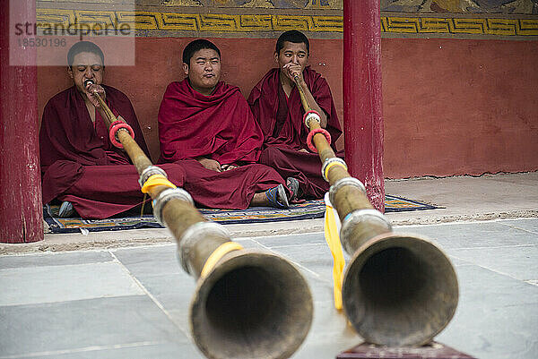 Mönche spielen ihr Dungchen; Ladakh  Jammu und Kaschmir  Indien