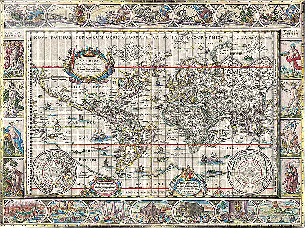 Weltkarte aus den Jahren 1634/1635 von Willem Blaeu. Nova totius terrarum orbis geographica ac hydrographica tabula. Am unteren Rand der Karte sind Abbildungen der sieben Weltwunder der Antike zu sehen.