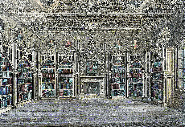 Die Bibliothek im Strawberry Hill House  Twickenham  London  England. Das noch heute bestehende Haus wurde zwischen 1749 und 1776 von Horace Walpole im Stil der Neugotik erbaut. Nach einem Druck aus dem späten 18. Jahrhundert von Jean Godefroy.