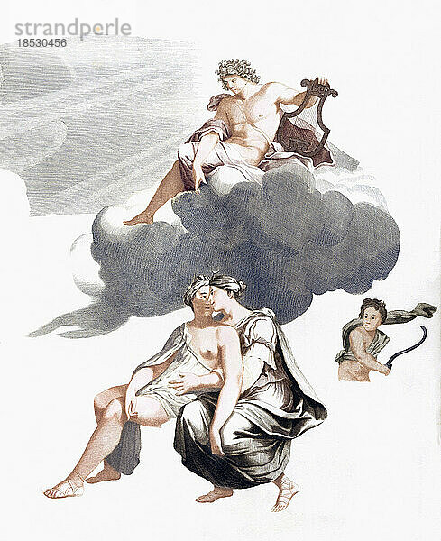 Apollo blickt auf Jupiter und Kallisto herab. Um Kallisto zu verführen  verkleidet sich Jupiter als die Mondgöttin Diana. Nach einem Werk von Johan Teyler.