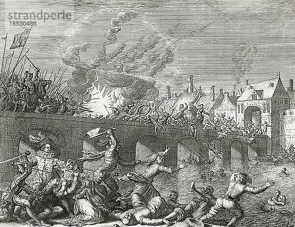 Das Massaker in Maastricht durch die Spanier  29. Juni 1579 während des Achtzigjährigen Krieges  nach einem Druck von Jan Luyken. Das Bild zeigt den Moment  nachdem die Truppen des Prinzen von Parma in die Stadt eingedrungen sind und Soldaten und Bürger auf die Brücke über die Maas gejagt haben.