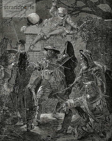 Sir John Coventry  ca. 1636 - 1685  Parlamentsabgeordneter für Weymouth  versucht  sich gegen eine bewaffnete Bande zu verteidigen  die ihn wegen eines Scherzes angreift  den er im Unterhaus über die Liebesaffären von König Karl II. machte. Er wurde festgehalten und seine Nase wurde aufgeschlitzt. Die Verärgerung im Unterhaus über diesen Vorfall führte zur Verabschiedung des Coventry-Gesetzes  das Körperverletzung mit Verstümmelung zum Verbrechen erklärte. Das Gesetz wurde 1828 wieder aufgehoben. Nach einem Werk von T.H. Maguire.