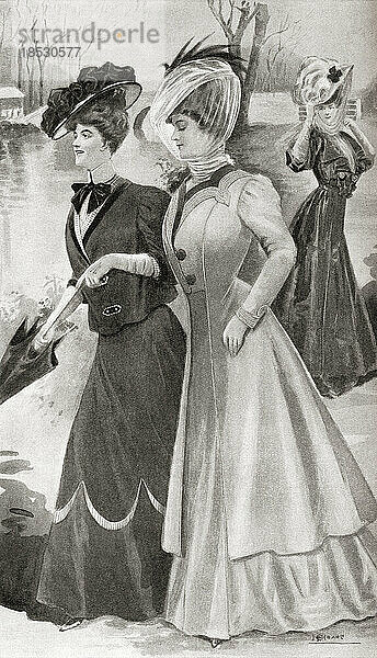 Modewerbung des frühen 20. Jahrhunderts für Herbstmode für drinnen und draußen  einschließlich des Limp Coatee. Aus The World and his Wife  veröffentlicht 1906