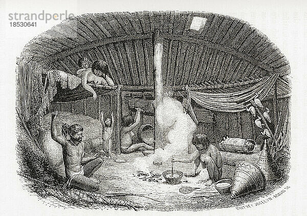 Innenraum einer Indianerhütte in Kalifornien im 19. Jahrhundert. Nach einem Stich aus dem 19. Jahrhundert von Whitney Jocelyn-Annin.
