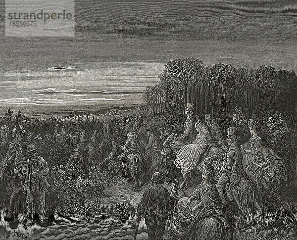 Menschen zu Pferd auf der Hampstead Heath. Nach einer Illustration von Gustave Doré in der amerikanischen Ausgabe von London aus dem Jahr 1890: A Pilgrimage  geschrieben von Blanchard Jerrold und illustriert von Gustave Doré.