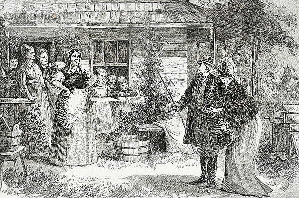 Ein Mormonenmann bringt eine weitere Frau mit nach Hause. Nach einer Illustration eines nicht identifizierten Künstlers aus dem 19.