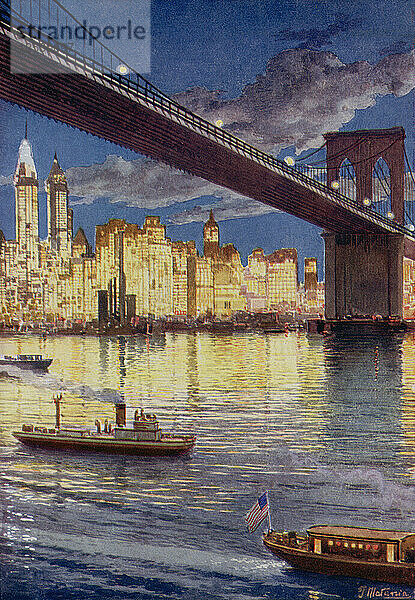 Die Wolkenkratzer von New York  Amerika  unterhalb der Brooklyn Bridge gesehen. Aus The Wonderland of Knowledge  veröffentlicht ca. 1930