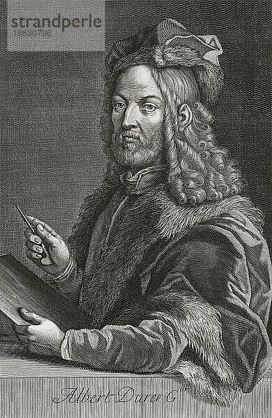 Illustriertes Porträt von Albrecht Dürer  1471 - 1528  deutscher Künstler  Grafiker und Theoretiker  nach einem Stich von Gerard Edelinck; Kunstwerk
