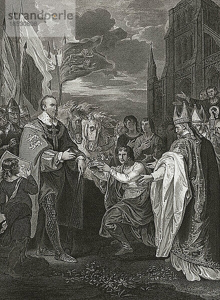 Wilhelm der Erste bei der Entgegennahme der Krone von England. Nach einem Druck von George Noble nach einem Gemälde von Benjamin West  das ursprünglich in Robert Bowyer's Historic Gallery  veröffentlicht zwischen 1793 und 1806  erschien.