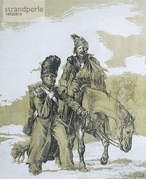 Rückzug aus Moskau  1812. Französische Soldaten  von denen einer blind ist und reitet  während dem anderen ein Arm fehlt und er das Pferd anführt  taumeln unter grausamen Bedingungen zurück nach Frankreich  nachdem Napoleon beschlossen hat  Moskau zu verlassen. Nach einem Werk von Théodore Géricault.