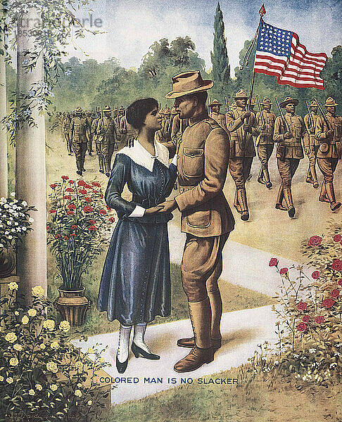 Farbiger Mann ist kein Faulpelz . Eines aus einer Reihe von Plakaten der US-Regierung  die während des Ersten Weltkriegs produziert wurden  um die Rekrutierung von Afroamerikanern für die Streitkräfte zu fördern.