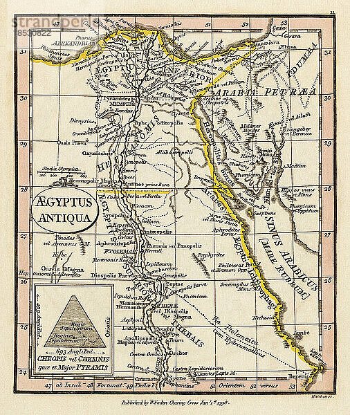 Aegyptus antiqua. Altes Ägypten. Karte des Kartografen William Faden von 1798  gestochen von Hatchett. Faden war der königliche Geograph von König Georg III. Diese Karte stammt aus seinem Atlas minimus universalis  der hauptsächlich für den Gebrauch in Schulen gedacht war.