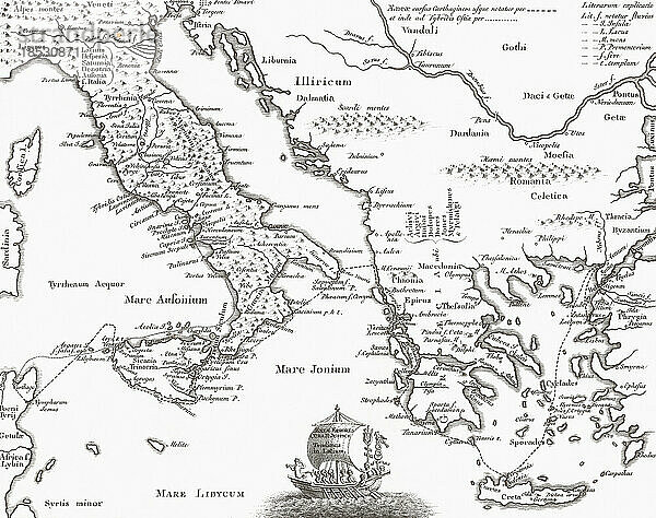 Karte von Italien und Griechenland aus dem 18. Jahrhundert mit den wichtigsten Stätten der antiken Geschichte.