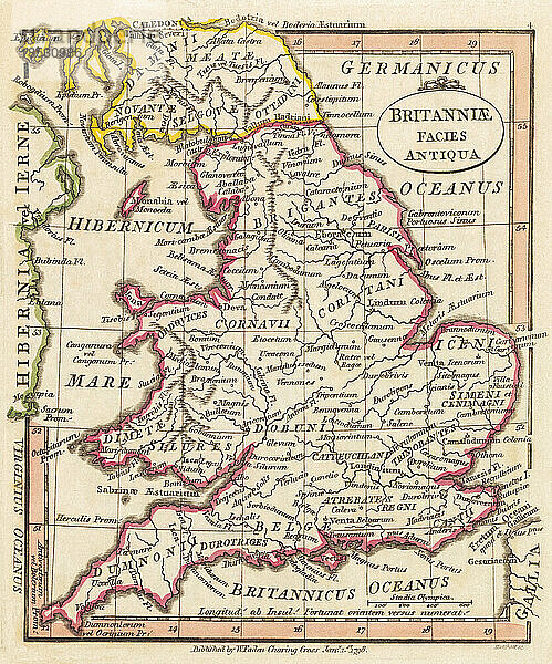 Britanniae facies antiqua. Altes Britannien. Karte des Kartographen William Faden aus dem Jahr 1798  gestochen von Hatchett. Faden war der königliche Geograf von König Georg III. Diese Karte stammt aus seinem Atlas minimus universalis  der hauptsächlich für den Gebrauch in Schulen gedacht war.