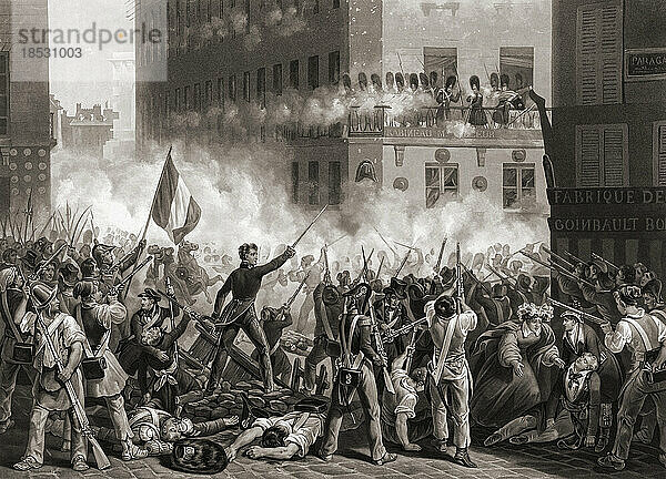 Schlacht während der Julirevolution von 1830 in der Rue de Rohan  Paris. Nach einem Druck von Jean Pierre Marie Jazet nach einem Gemälde von Hippolyte Lecomte.