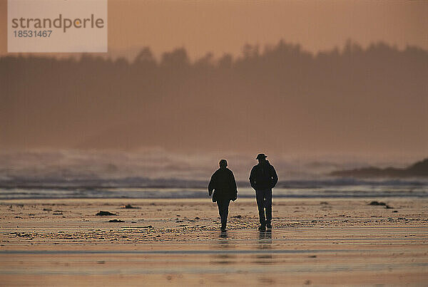 Zwei Personen spazieren entlang des Wattenmeeres von Clayoquot Sound; Vancouver Island  British Columbia  Kanada