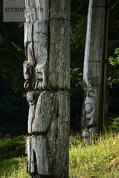 Zwei Totempfähle bei SGang Gwaay Llanagaay  Ninstints auf Englisch  einem verlassenen Haida-Dorf auf Anthony Island; Anthony Island  Haida Gwaii  British Columbia  Kanada