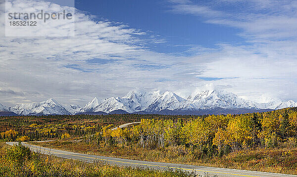 Schöne Herbstfarben und Blick auf die schneebedeckten Berggipfel der Alaska Range vom Highway aus; Alaska  Vereinigte Staaten von Amerika
