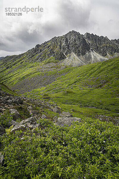 Menschen  die das grüne Tal und den Berghang erkunden  während sich zerklüftete Granitgipfel gegen einen grauen  bewölkten Himmel am Arch Angel Hatcher Pass in der Nähe der Independence Mine abzeichnen; Palmer  Alaska  Vereinigte Staaten von Amerika