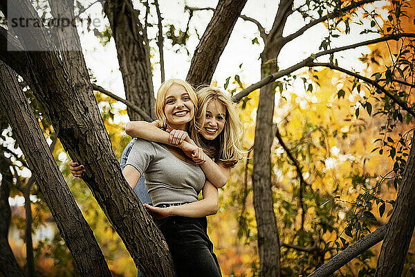 Zwei Teenager klettern auf einen Baum und posieren für die Kamera in einem Stadtpark an einem warmen Herbsttag; St. Albert  Alberta  Kanada.