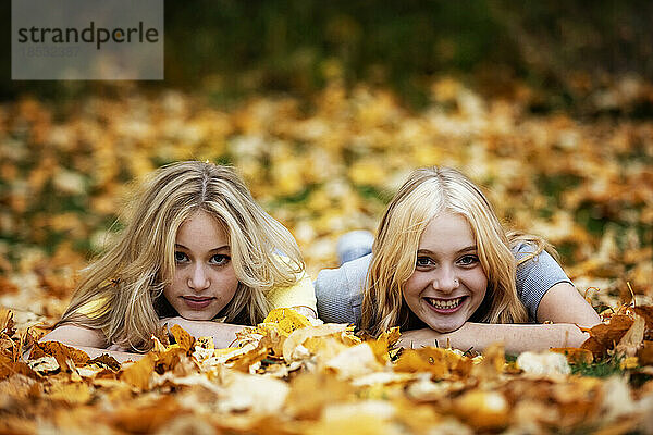Porträt von zwei Mädchen im Teenageralter  die in einem Stadtpark an einem warmen Herbstnachmittag im Laub liegen und für die Kamera posieren; St. Albert  Alberta  Kanada.