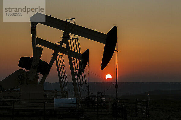 Silhouette von Pumpjacks mit einem orange leuchtenden Himmel bei Sonnenuntergang  westlich von Airdrie; Alberta  Kanada