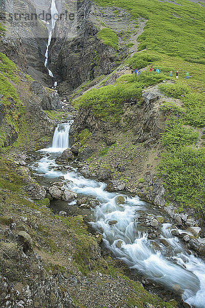 Touristen besichtigen einen Wasserfall in Island; Island