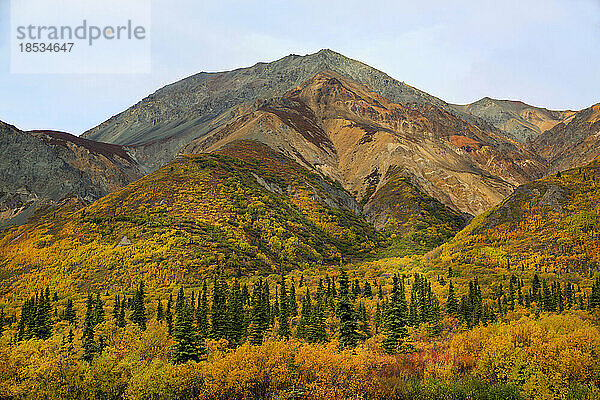 Mt. Ridge mit schönen Herbstfarben  gesehen entlang des Glenn Highway; Alaska  Vereinigte Staaten von Amerika