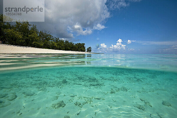 Geteilte Ansicht von blauem Wasser und weißem Sand auf den Seychellen; Assumption Island  Seychellen