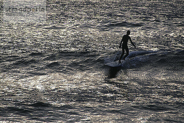 Surfer in der Dämmerung im silbrig schimmernden Wasser; Pacific Beach  San Diego  Kalifornien  Vereinigte Staaten von Amerika