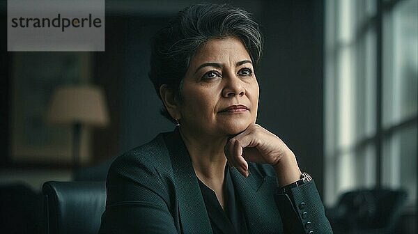 Kontemplative erfolgreiche indische Geschäftsfrau mittleren Alters in ihrem Büro  generative AI