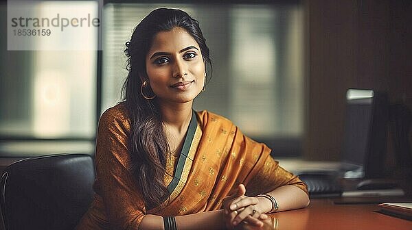Lächelnde erfolgreiche junge erwachsene indische Geschäftsfrau in ihrem Büro  generative AI