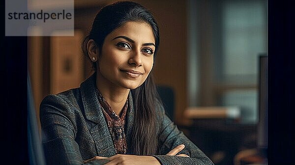 Lächelnde erfolgreiche junge erwachsene indische Geschäftsfrau in ihrem Büro  generative AI