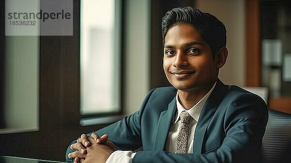 Lächelnder erfolgreicher junger erwachsener indischer Geschäftsmann in seinem Büro  generative AI