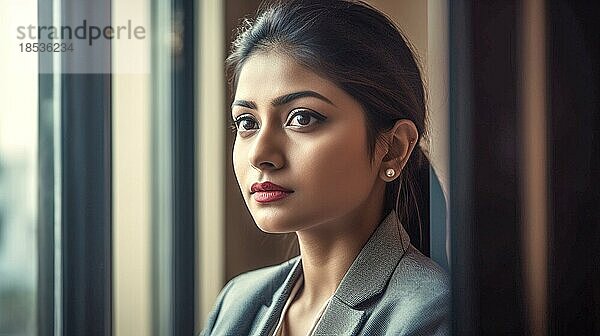 Kontemplative erfolgreiche indische Geschäftsfrau in ihrem Büro  generative AI