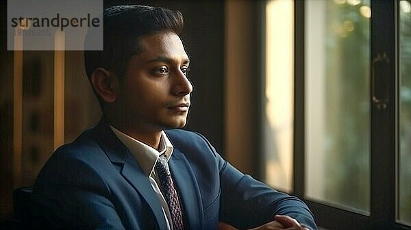 Kontemplativer  erfolgreicher junger erwachsener indischer Geschäftsmann in seinem Büro  generative AI