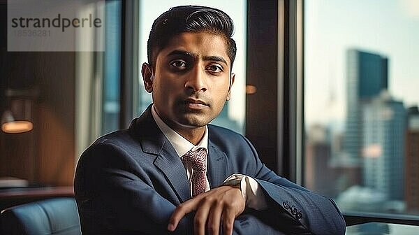 Kontemplativer  erfolgreicher junger erwachsener indischer Geschäftsmann in seinem Büro  generative AI