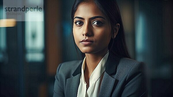 Kontemplative erfolgreiche indische Geschäftsfrau in ihrem Büro  generative AI