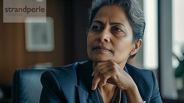 Kontemplative erfolgreiche indische Geschäftsfrau mittleren Alters in ihrem Büro  generative AI