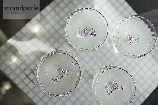 Vier Gläser mit Sekt auf einer hellen Tischfläche  die sanfte Sonnenstrahlen reflektiert. Sekt mit Fliederblüten. Ansicht von oben
