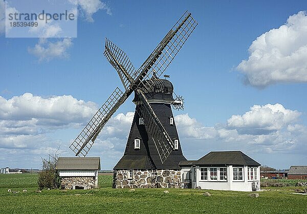 Windmühle vom Typ Holländer aus dem Jahr 1869  die bis 1950 in Betrieb war. Jetzt als Ferienhaus in Östra Ingelstad  Österlen  Schonen  Schweden  Skandinavien genutzt  Europa