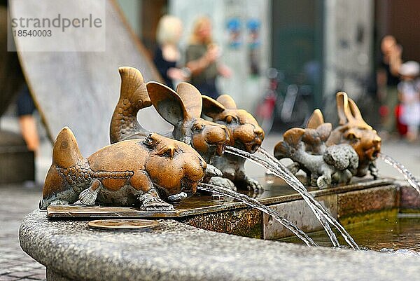 Teil des Kaiserbrunnens mit Wasserspeiern in Form von Kaninchen und Fischen des Künstlers Gernot Rumpf  Konstanz  Deutschland  Europa