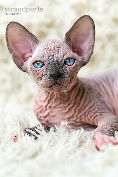 Porträt eines lustigen kanadischen Sphynx-Katzenbabys mit großen blaün Augen  das in die Kamera schaut und auf einem weißen Teppich mit langem Flor liegt. Nahaufnahme eines haarlosen weiblichen Kätzchens von vorne. Studioaufnahme