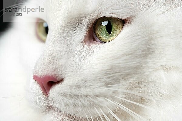 Extreme Nahaufnahme Porträt der Maine Shag Cat. Hübsche weiße Farbe Tier American Forest Cat mit großen Augen und rosa Nase suchen
