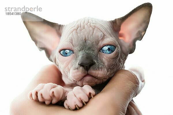 Weibliche Hände halten ein hübsches Kätzchen einer kanadischen Sphynx-Katze auf weißem Hintergrund. Nahaufnahme  Kätzchen schaut in die Kamera