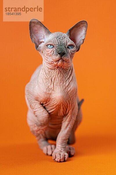 Porträt der kanadischen Sphynx-Katze von blaür Nerz und weißer Farbe sitzt mit erhobenen Vorderpfote auf orangefarbenen Hintergrund. Weibliches Kätzchen vier Monate alt schaut in die Kamera. Ansicht von vorne. Studioaufnahme